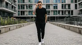 all black with white sneakers